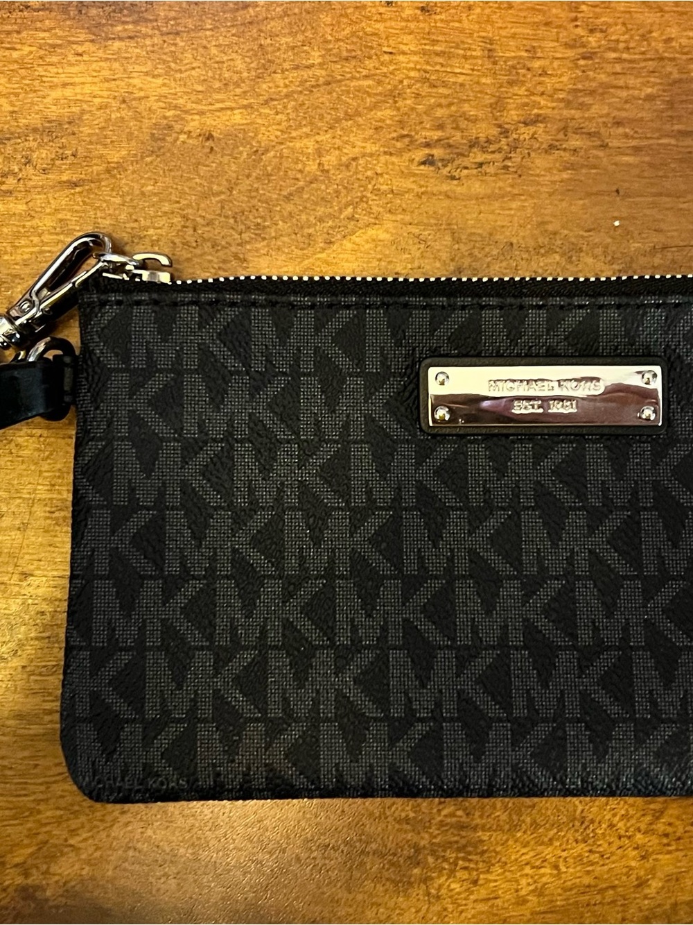 Michael Kors Black Monogram Wristlet with Silver Plate